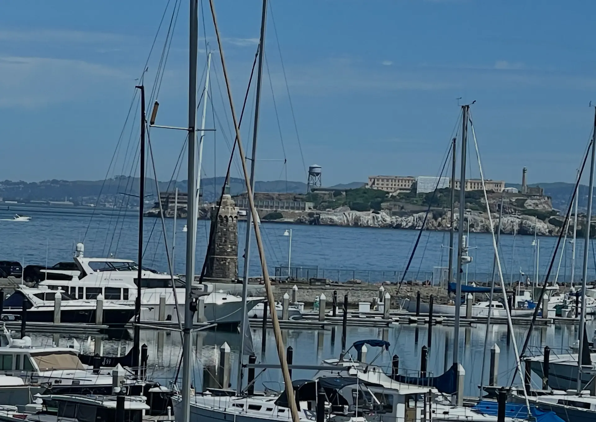 Alcatraz Island and the Bay across the yacht harbor