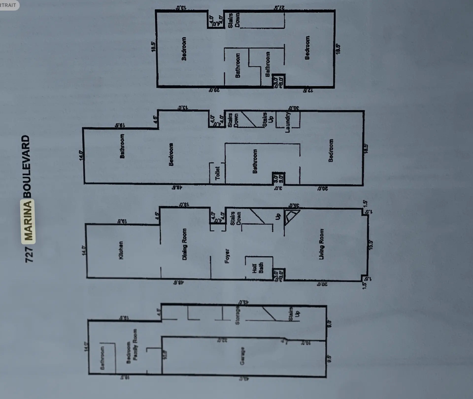 Floor plan of 727 Marina Boulevard showing four levels and the attached garage