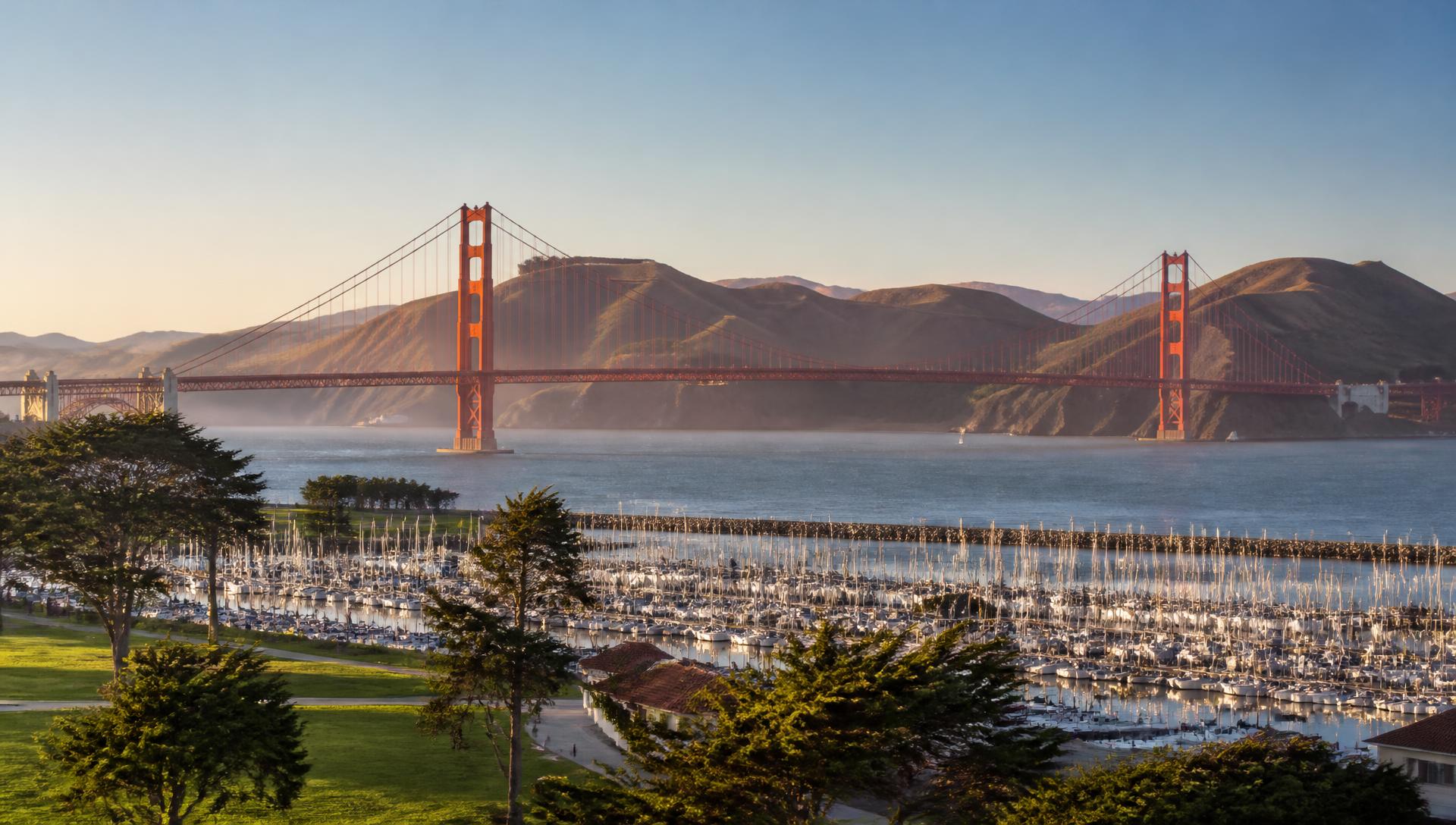 The Golden Gate Bridge and Marin Headlands seen across the yacht harbor from Marina Boulevard
